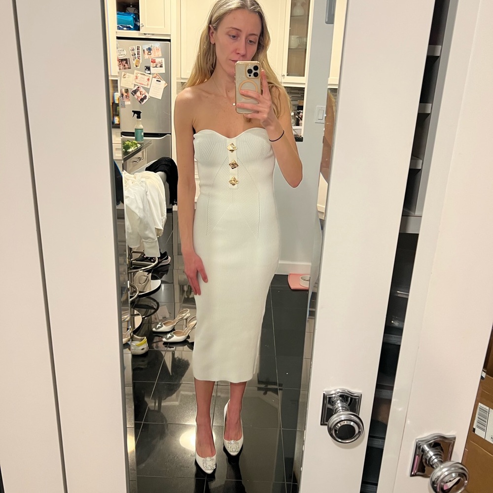 Self-portrait strapless ribbed-knit midi dress